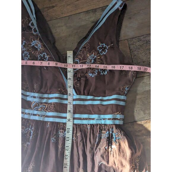 Vintage Robbie Bee Dress 14 Brown Blue Embroidered Floral Sundress Ribbon Y2K - Picture 2 of 7
